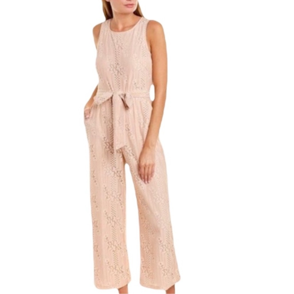VINCE CAMUTO NWT Eyelet Lace Tie Waist Jumpsuit Size 10 in Pink Blush
